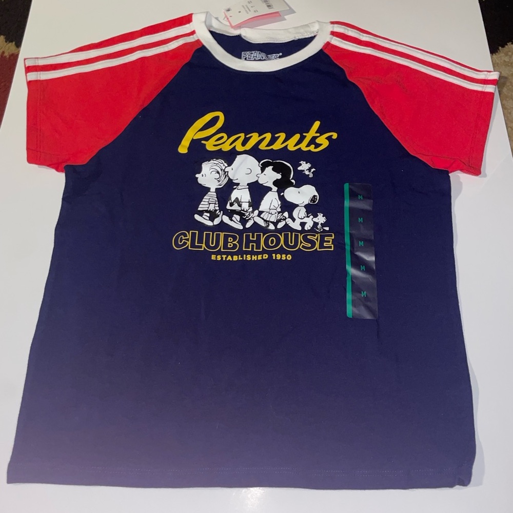 Peanuts Girls  Club House T-Shirt Red and Blue NWT Measures 20” Long 15” Across